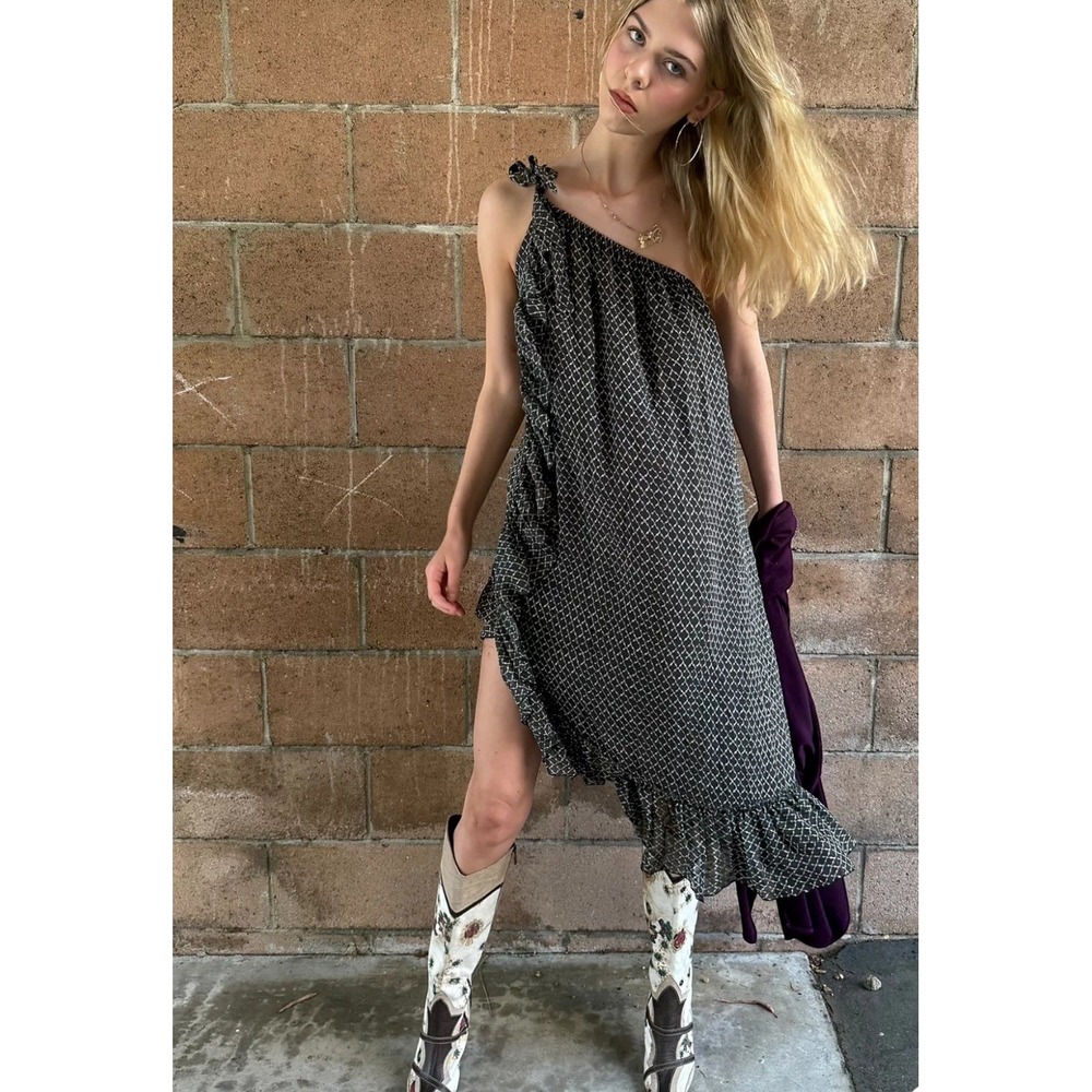 Isabel Marant One Shoulder Dress Womens 44 Gray Tan Excellent Silk Ruffle
